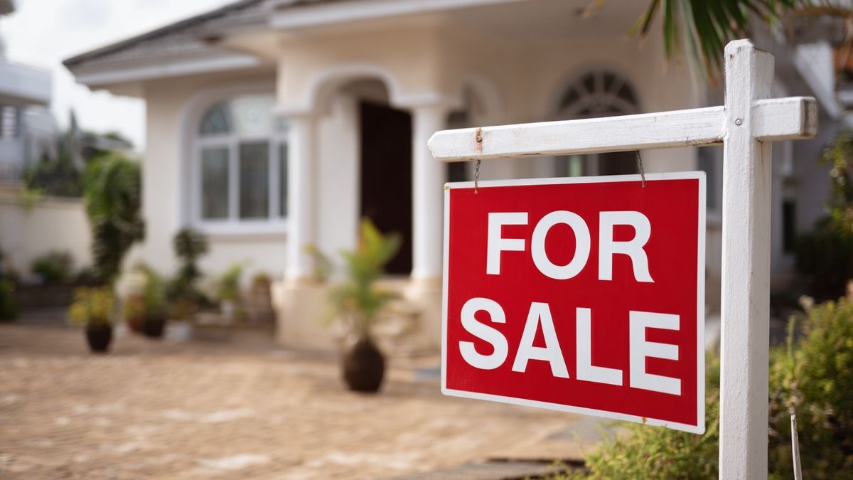 Closeup of a real estate sign with "For Sale" in front of a charming house in Abidjan.
