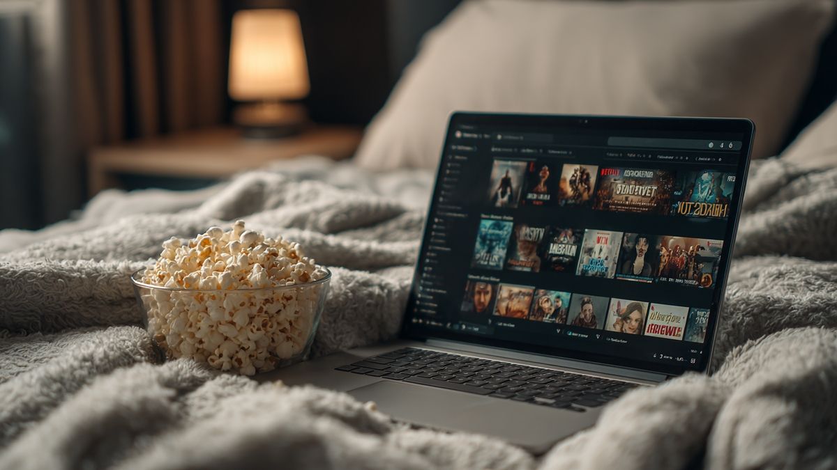 Overhead view of a comfy movie night setup featuring a laptop with streaming content, popcorn, and a cuddly blanket.