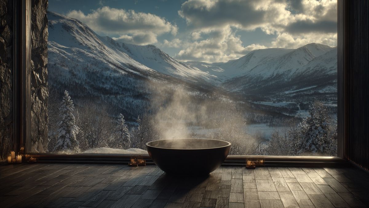 Scenic view of a beautifully designed Nordic bath with steam, surrounded by picturesque snowy mountains.