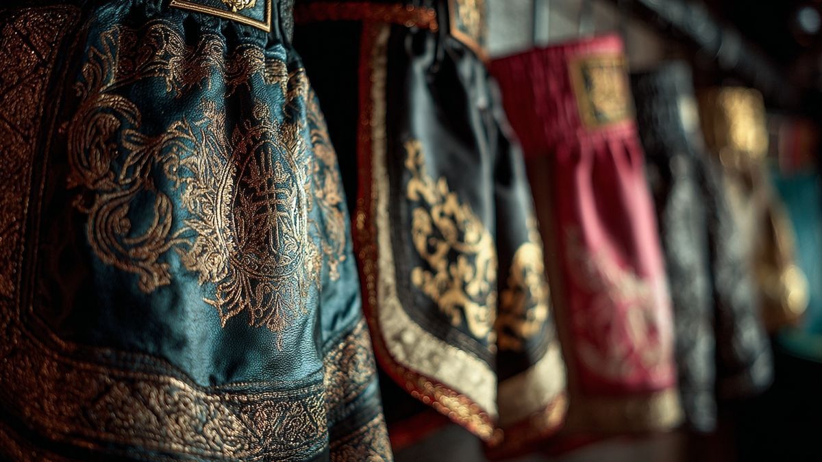 A closeup view highlighting the intricate design of Muay Thai shorts, reflecting Thailand's rich cultural heritage.