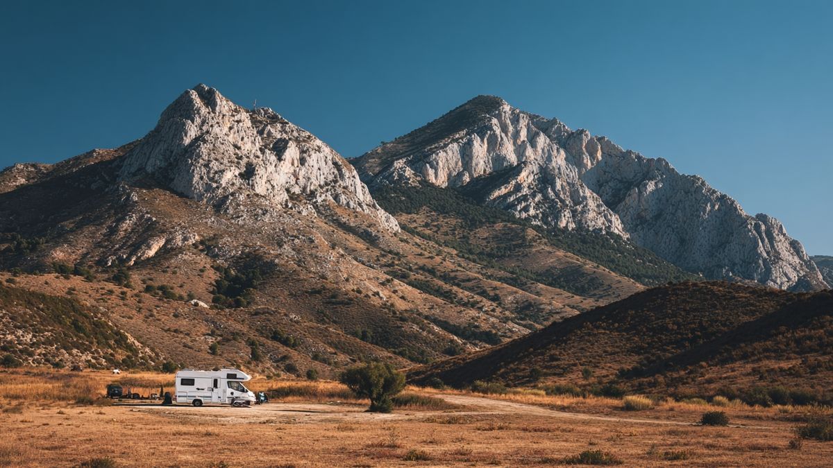 Panorama de una camper y montañas en un área designada en España