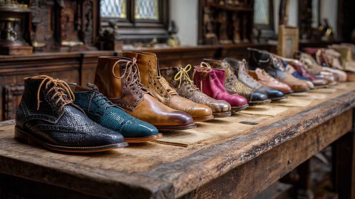 Exposición de zapatos españoles en mesa de madera mostrando la artesanía