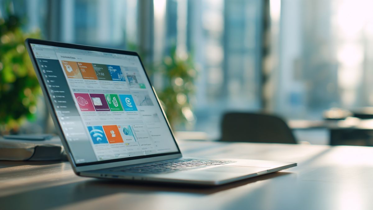 Closeup of a laptop screen with various business management digital tools and applications.