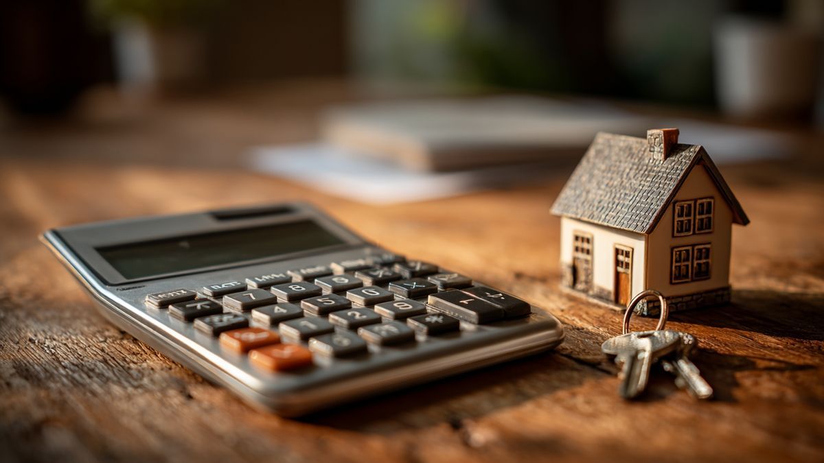 Closeup image showing components of home loan calculations with a calculator, keys, and house model in Luxembourg.