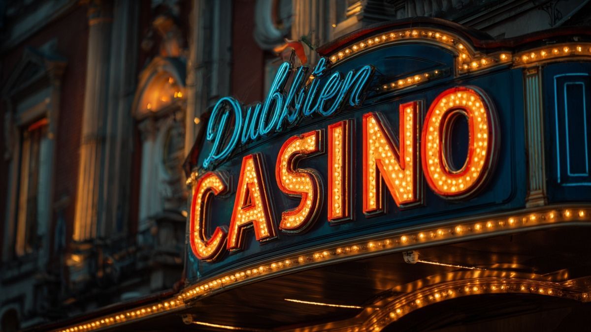 Illuminated Dublinbet casino sign at night creating a warm atmosphere