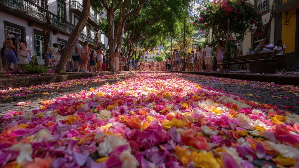 A scenic path of flower-covered streets during Madeira's famous annual flower festival.