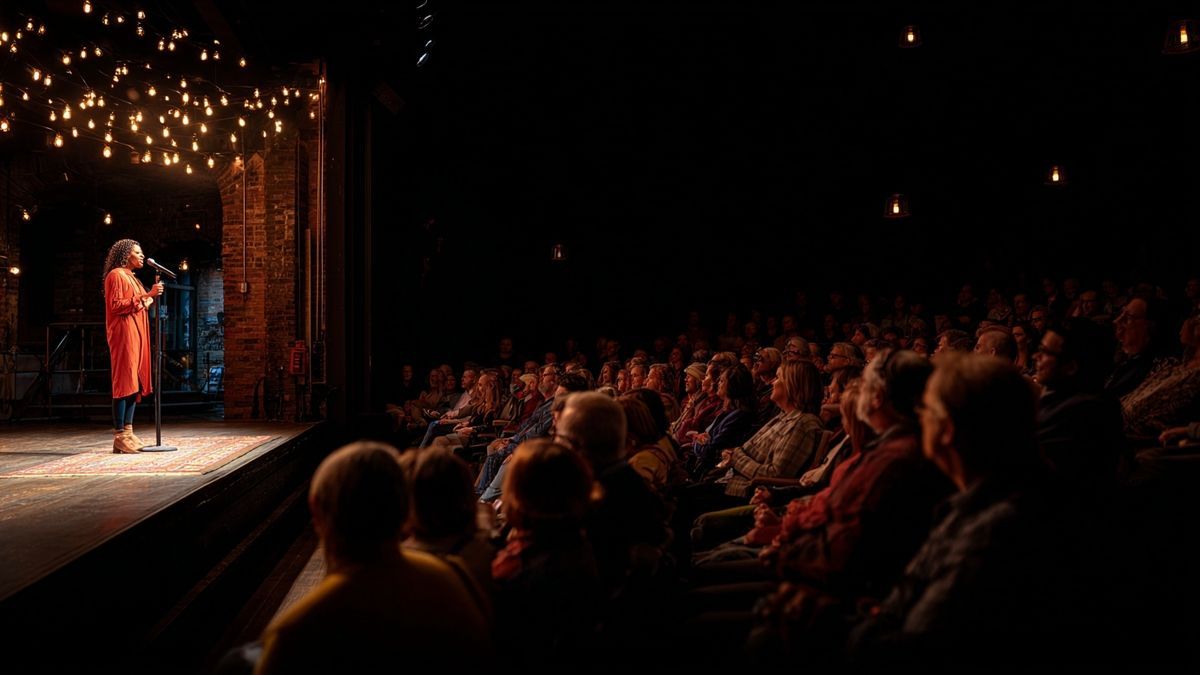 Standup comedian captivates lively audience under spotlight during show.