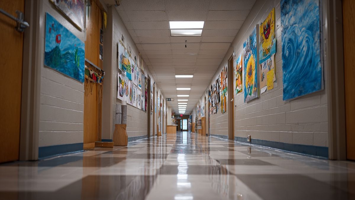 A creatively adorned school corridor showcasing student art, enhancing positivity.