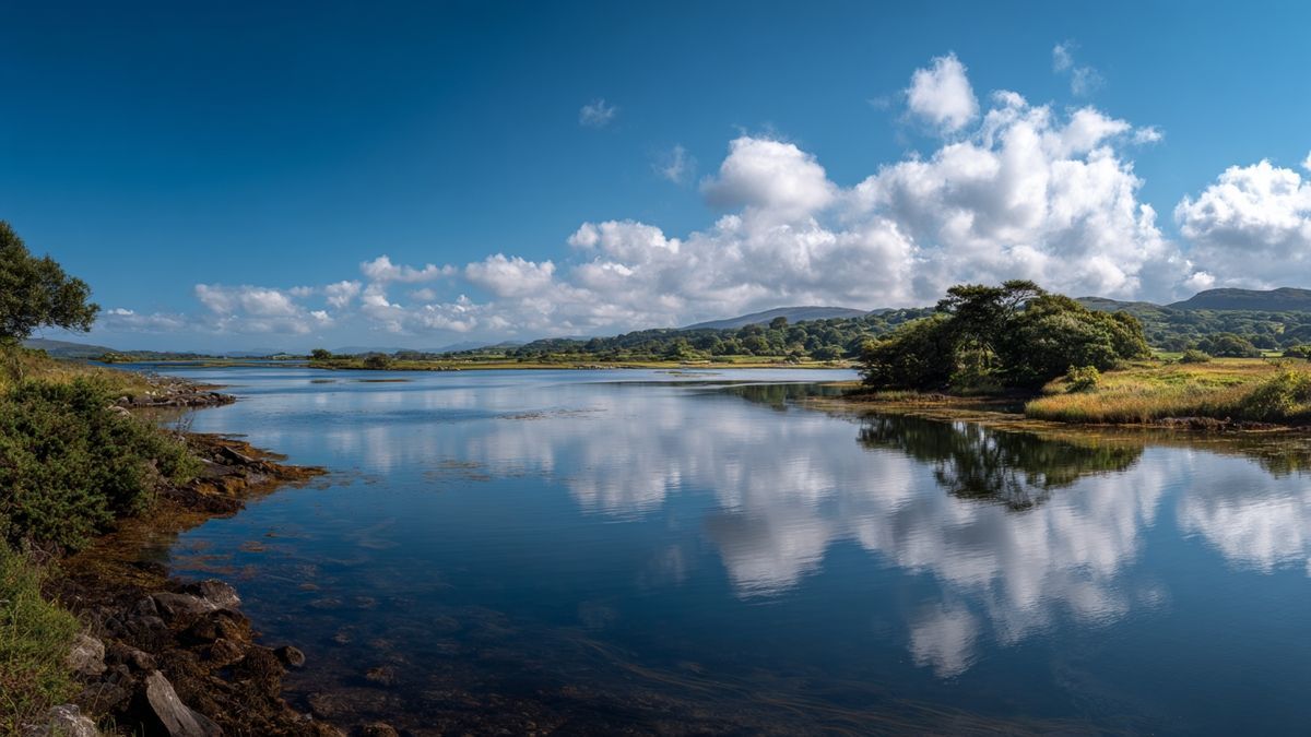Panoramic image of serene Irish fishing location with reflective waters