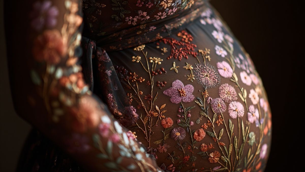 Flowers and whimsical designs painted on a pregnant belly.