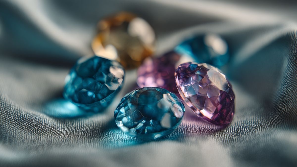 Closeup of polished blue gemstones with vibrant colors on a velvet cloth