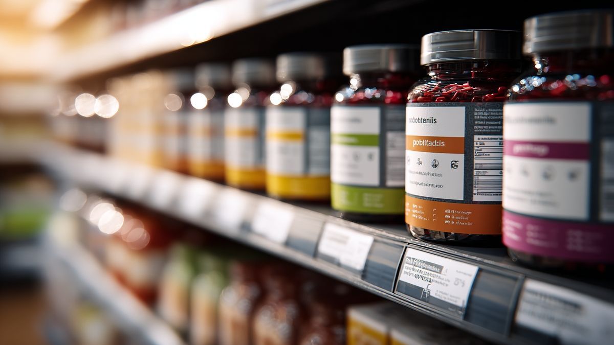 Image montrant des suppléments postbiotiques alignés sur une étagère de pharmacie, avec leurs emballages et informations visibles.