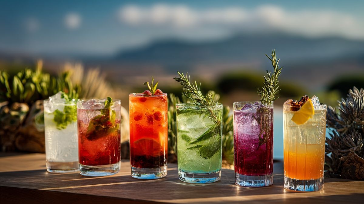 Varios cócteles coloridos en copas elegantes frente a un paisaje español pintoresco.