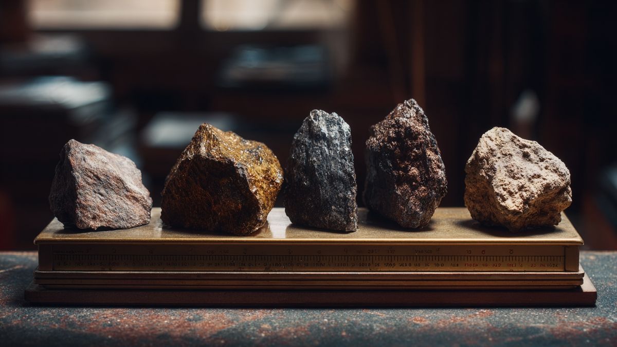 Various meteorites arranged on a scale in low light for measurement.