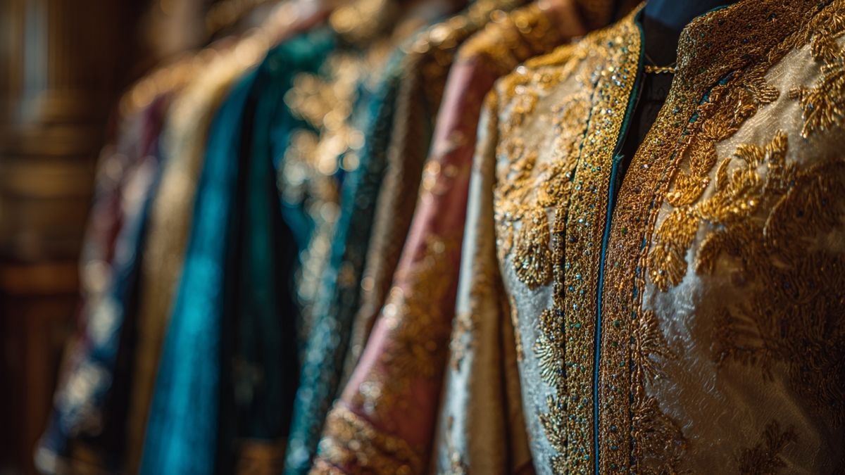 Image of various Tunisian wedding dress fabrics highlighting texture and color variety