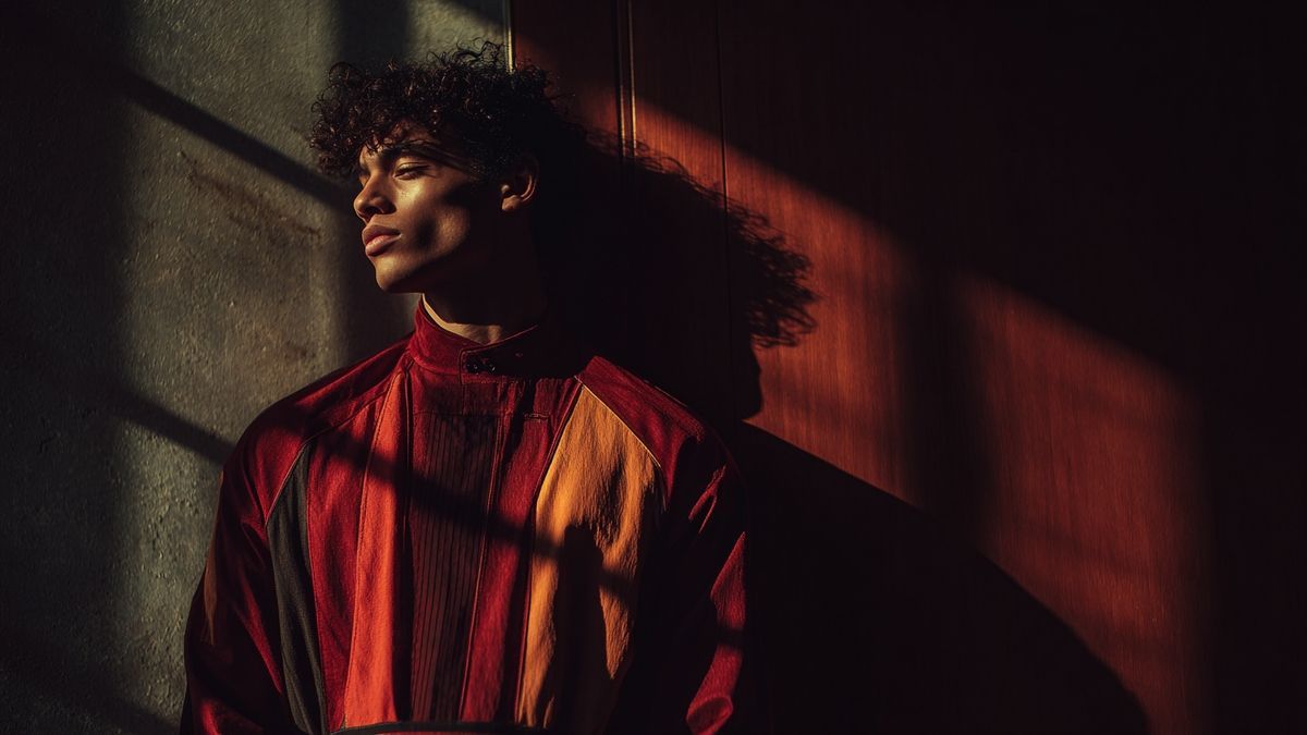 Fashion outfit showcasing bold designs and mixed materials in a dramatic setting.