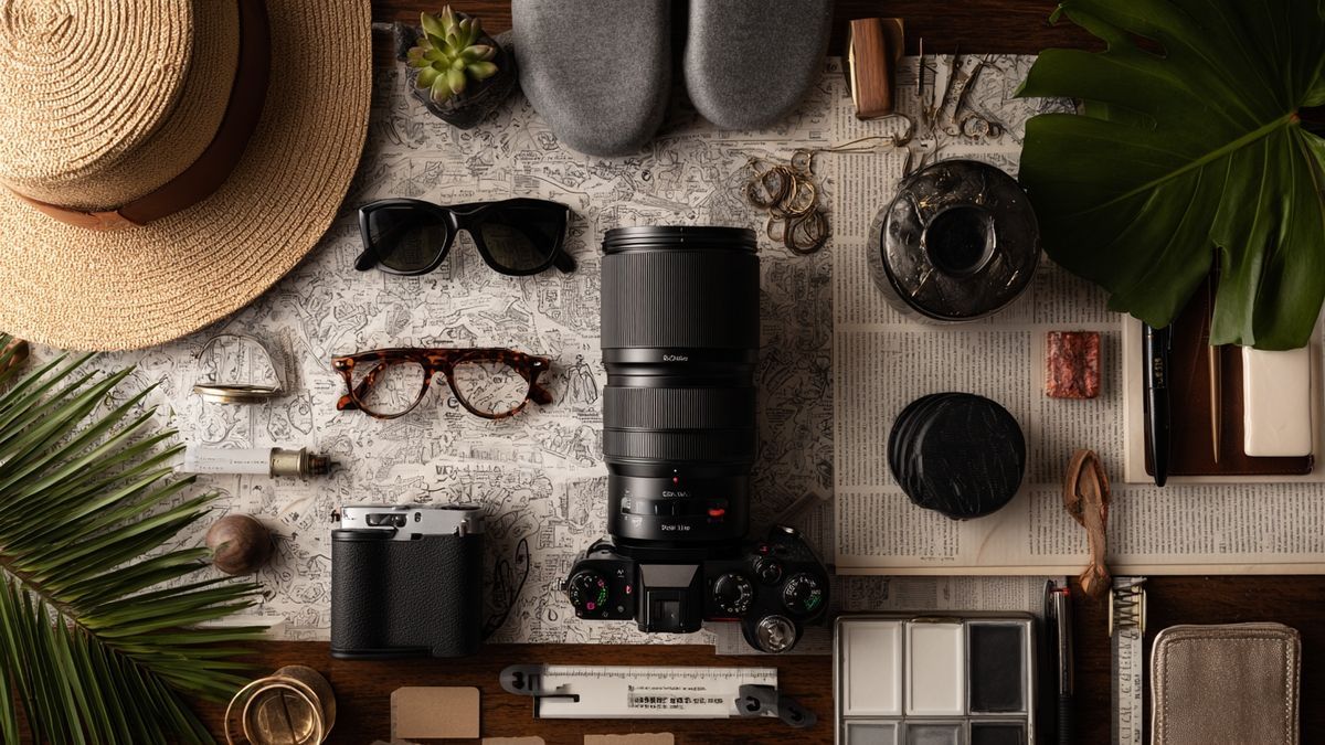 An artistic flat lay featuring foot photography essentials like backdrops and lighting gear, designed creatively.