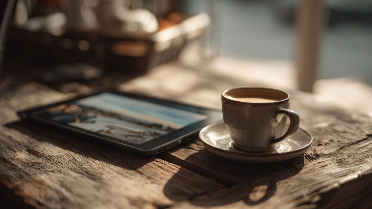 Tasse de café et tablette avec documentaire Sodrim sur une table en bois