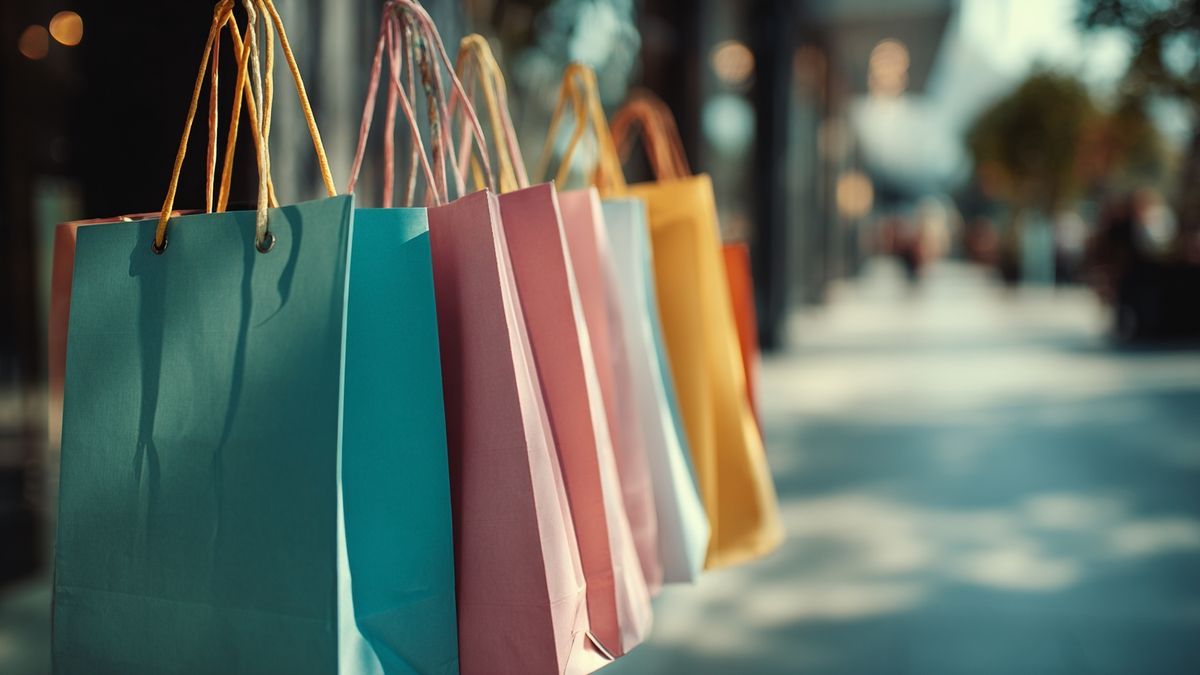 Primer plano de bolsas de compras con ropa de moda en tiendas españolas