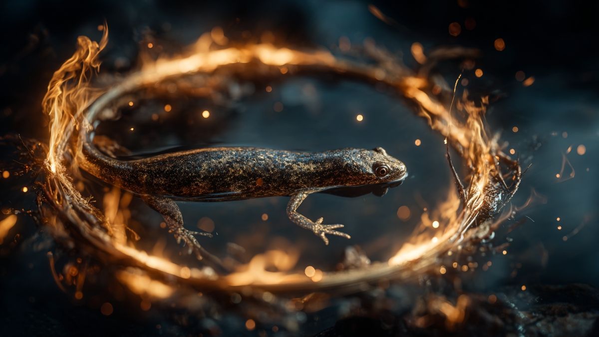 An artistic portrayal of a mythical salamander surrounded by flames, symbolizing its historic significance in ancient lore.