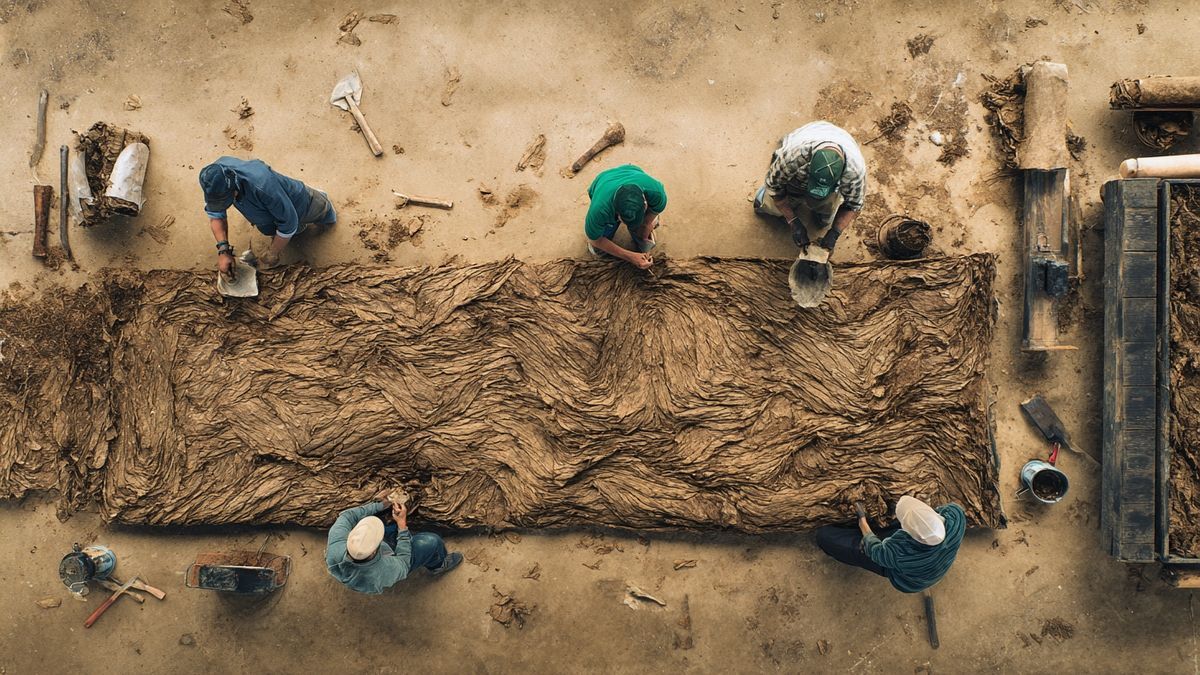 Overhead image of Camel tobacco with rolling tools in a preparation setup.