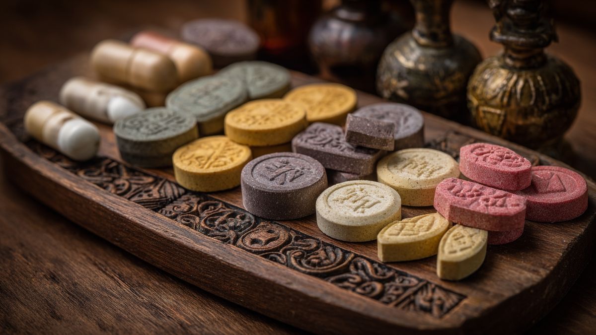 Artistic display of assorted El Mordjene tablets with decorative touches on a wooden board.