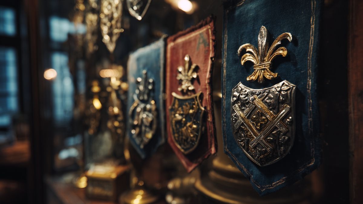 Collection d'insignes vintage et de blasons historiques de la noblesse française.