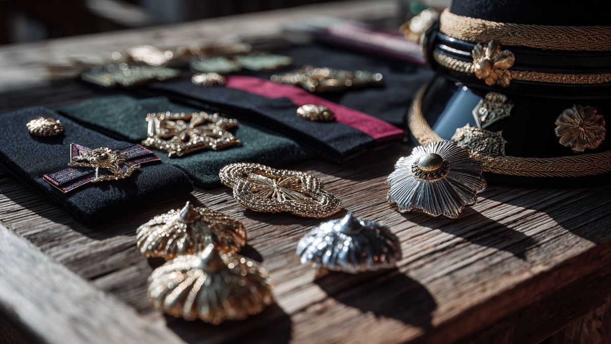 "Flat lay of Japanese uniform accessories showcasing cultural insignia and elements"