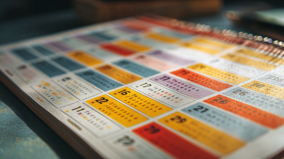 Pagine di un calendario colorato indicanti le festività scolastiche in Italia.