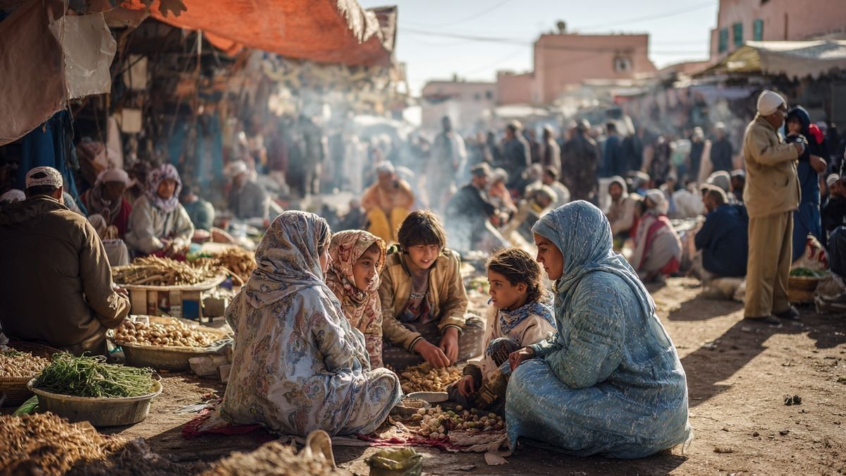 Moroccan market bustling with families during school break