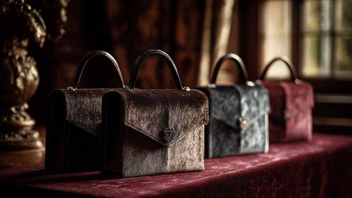 Display of elegant Victor Hugo bags on luxurious velvet background