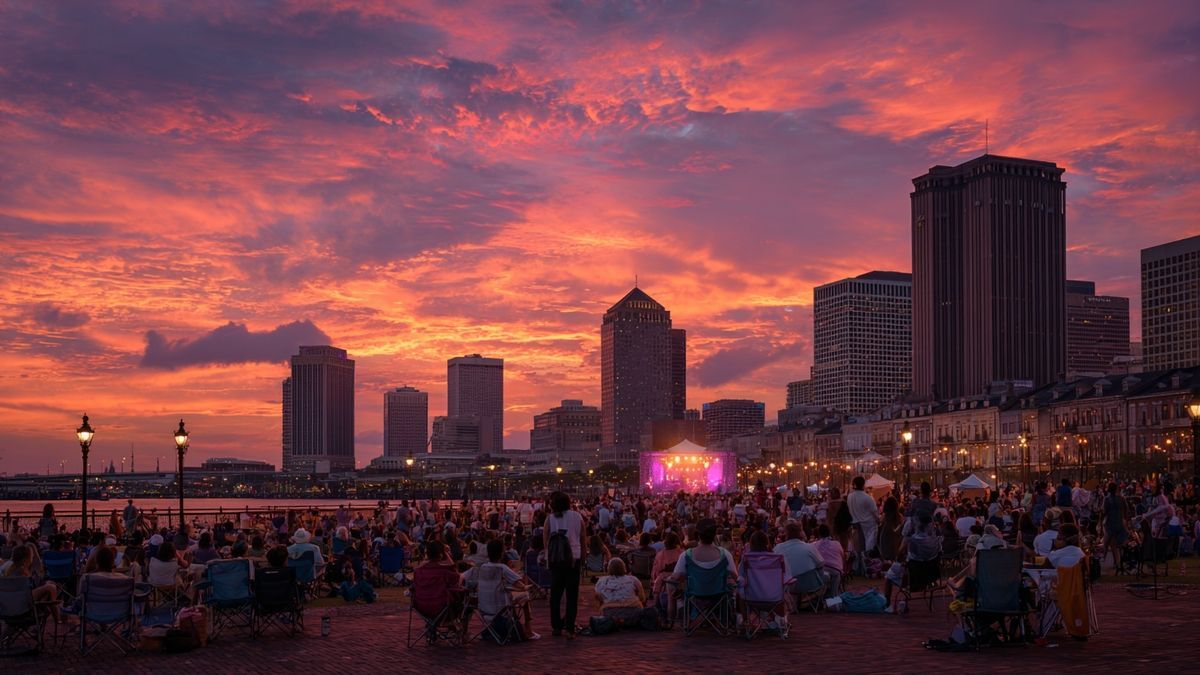 City skyline at sunset with a hint of a vibrant concert under the stars.