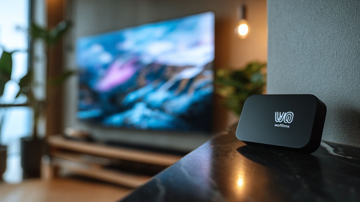 Closeup image of a sleek streaming device displaying the Wowfilms logo on a state-of-the-art television screen.