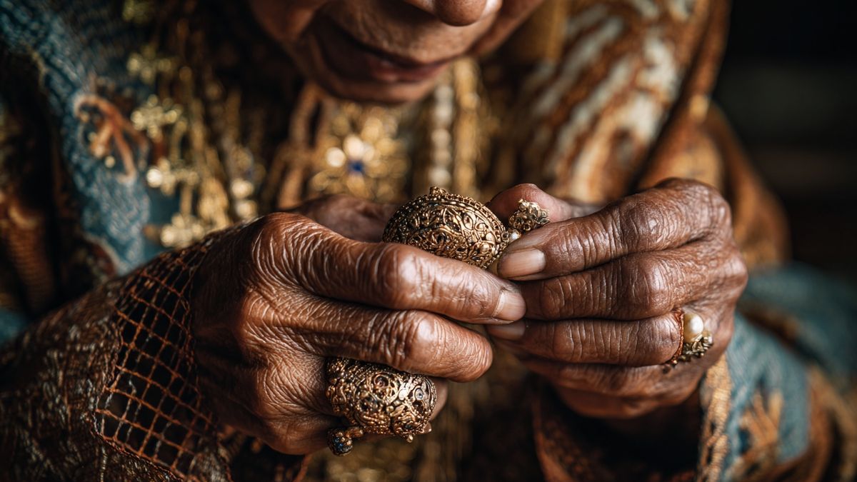 Hands holding Balinese jewelry, emphasizing intricate craftsmanship and cultural richness.